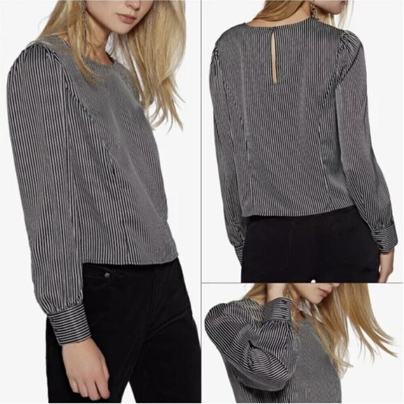 AVEC LES FILLES Black White Striped Cuffed Long Sleeve Shirt Blouse Size Small - Picture 13 of 13